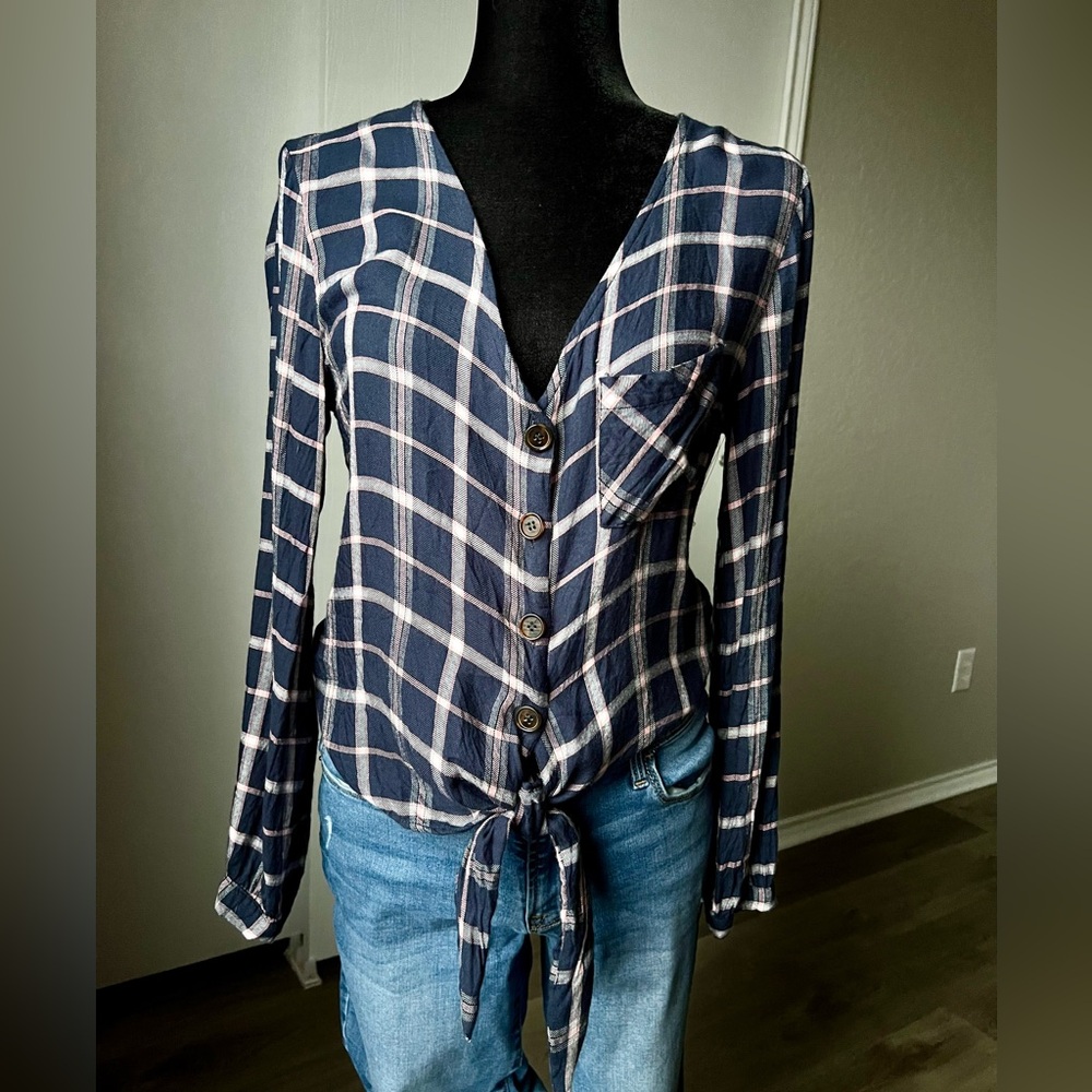 Tie-Front Navy Plaid Button-Up Women's Top